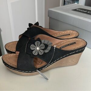 Good Choice Black Cross-Strap Slide Mules with Floral Accent